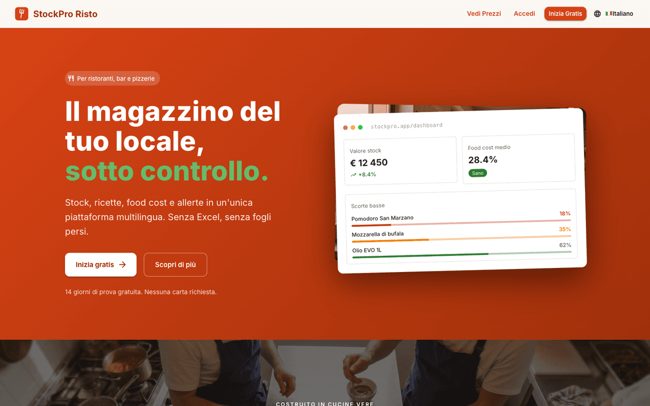 Schermata di StockPro — dashboard di gestione stock e food cost